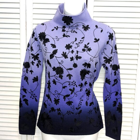 Embroidered Wool Sweater Lavender Ombre Black 90s Dana Buchman Luxury - Picture 2 of 16